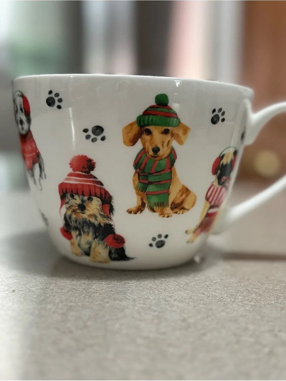 Festive Dog Ceramic Mug in White with Red & Green Accents
